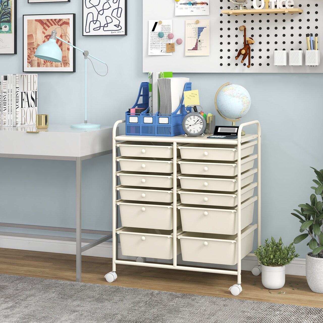 Space-Saving 12-Drawer Rolling Cart Sturdy Metal and PP Storage Trolley with Lockable Wheels for Office or Home